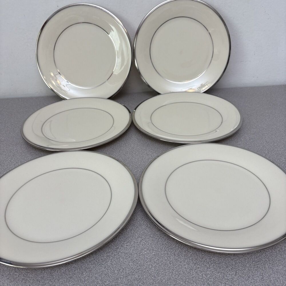 Lenox Solitaire 8” China Salad Plates Ivory With Platinum Trim Set Of 6 EUC